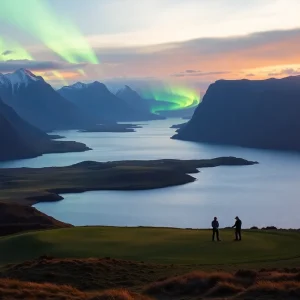 Scenic view of Lofoten Links Golf Course under the midnight sun