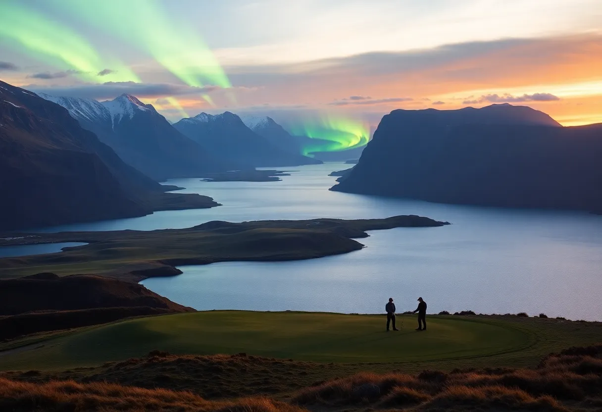 Scenic view of Lofoten Links Golf Course under the midnight sun