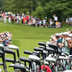 Golfer in action during a tournament, crowd cheering.