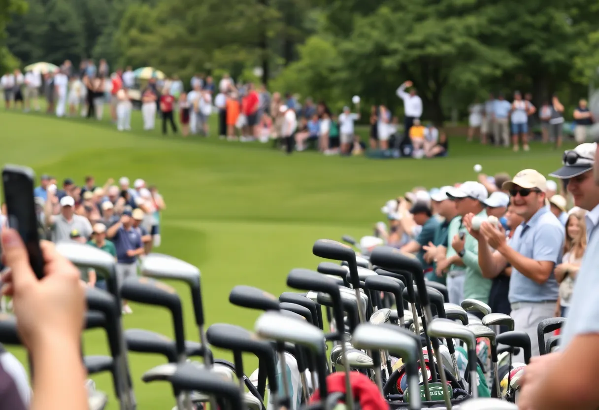 Golfer in action during a tournament, crowd cheering.