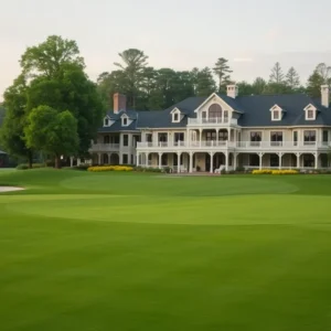 A luxurious golf course with a stunning sunset.