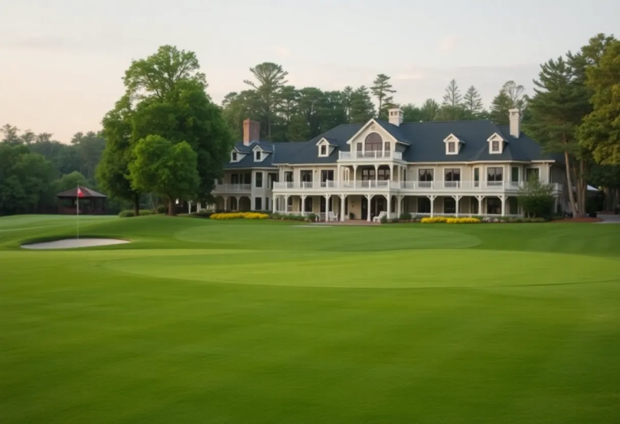 A luxurious golf course with a stunning sunset.