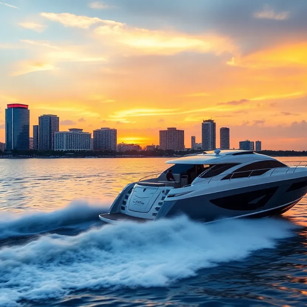 A luxury boat on the St. Johns River in Jacksonville during sunset.