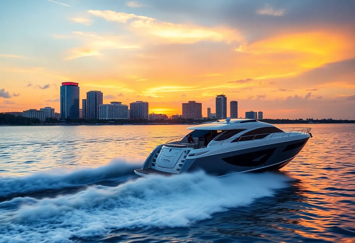 A luxury boat on the St. Johns River in Jacksonville during sunset.