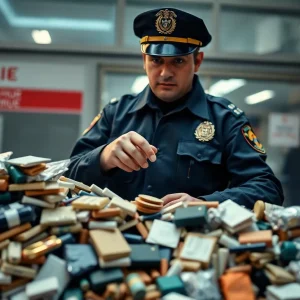 Police officer at crime scene inspecting drugs