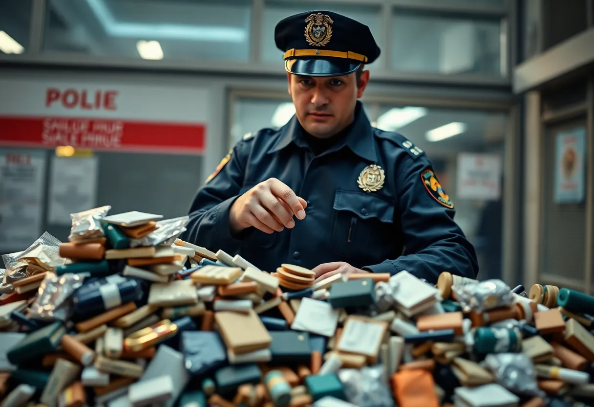 Police officer at crime scene inspecting drugs