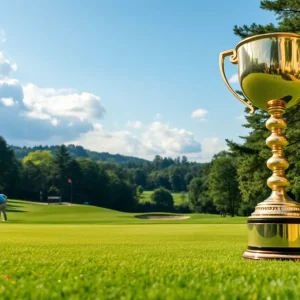 A group of golfers celebrating a tournament victory on a sunny golf course.