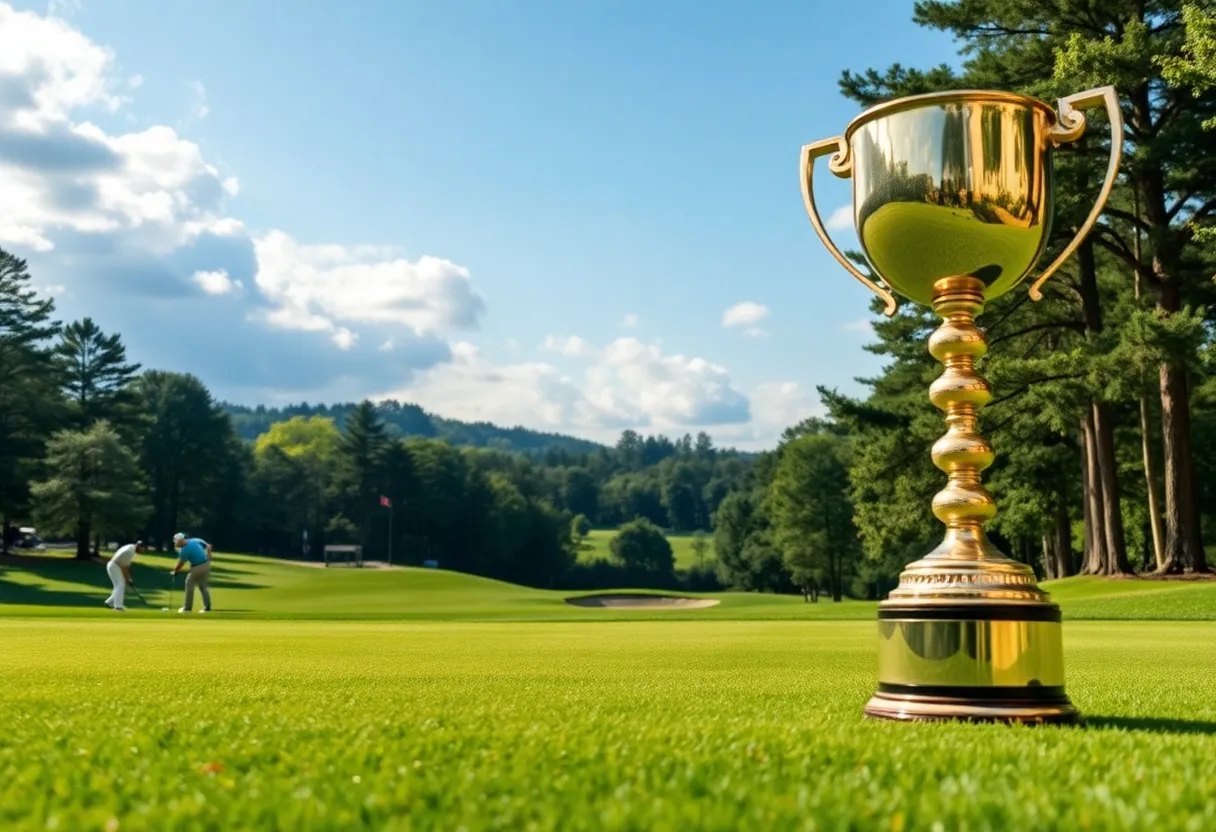 A group of golfers celebrating a tournament victory on a sunny golf course.