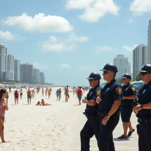 A vibrant Miami Beach during spring break with police presence ensuring safety.