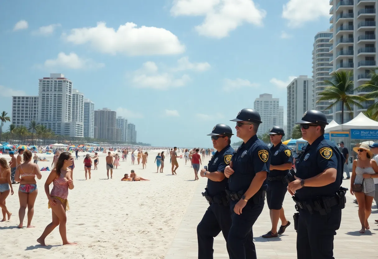 A vibrant Miami Beach during spring break with police presence ensuring safety.