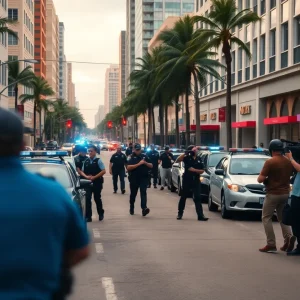Scene of Miami with police and media presence during investigation