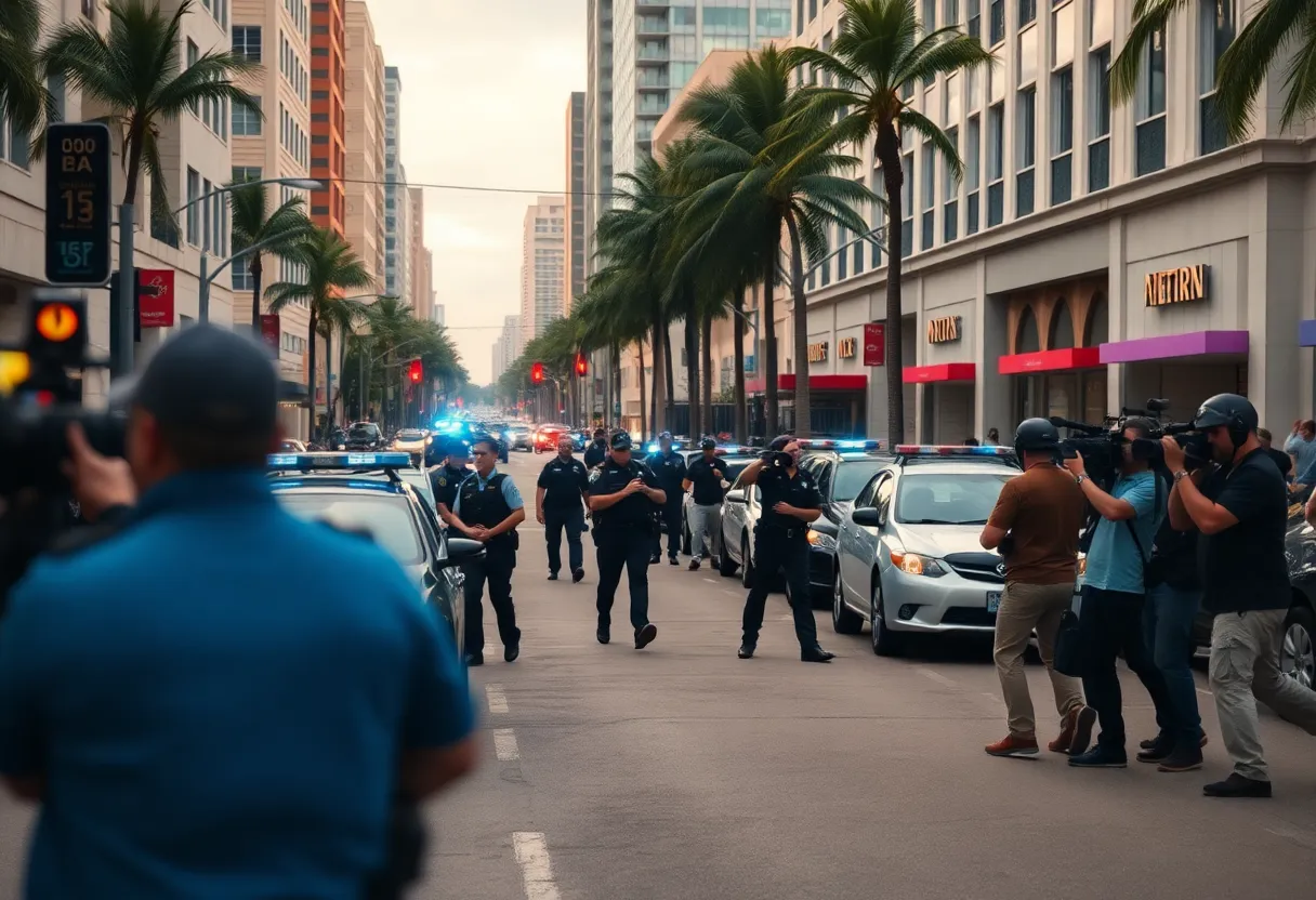 Scene of Miami with police and media presence during investigation