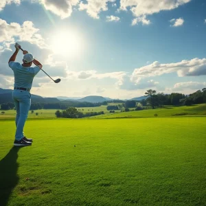 Golfer demonstrating swing technique on a golf course