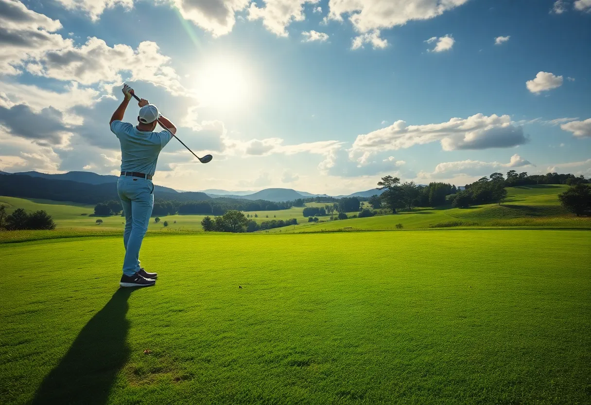 Golfer demonstrating swing technique on a golf course