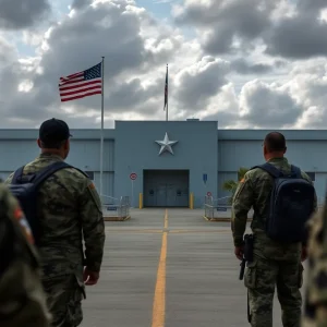 Illustration of military identification cards with a backdrop of the Navy base in Jacksonville.