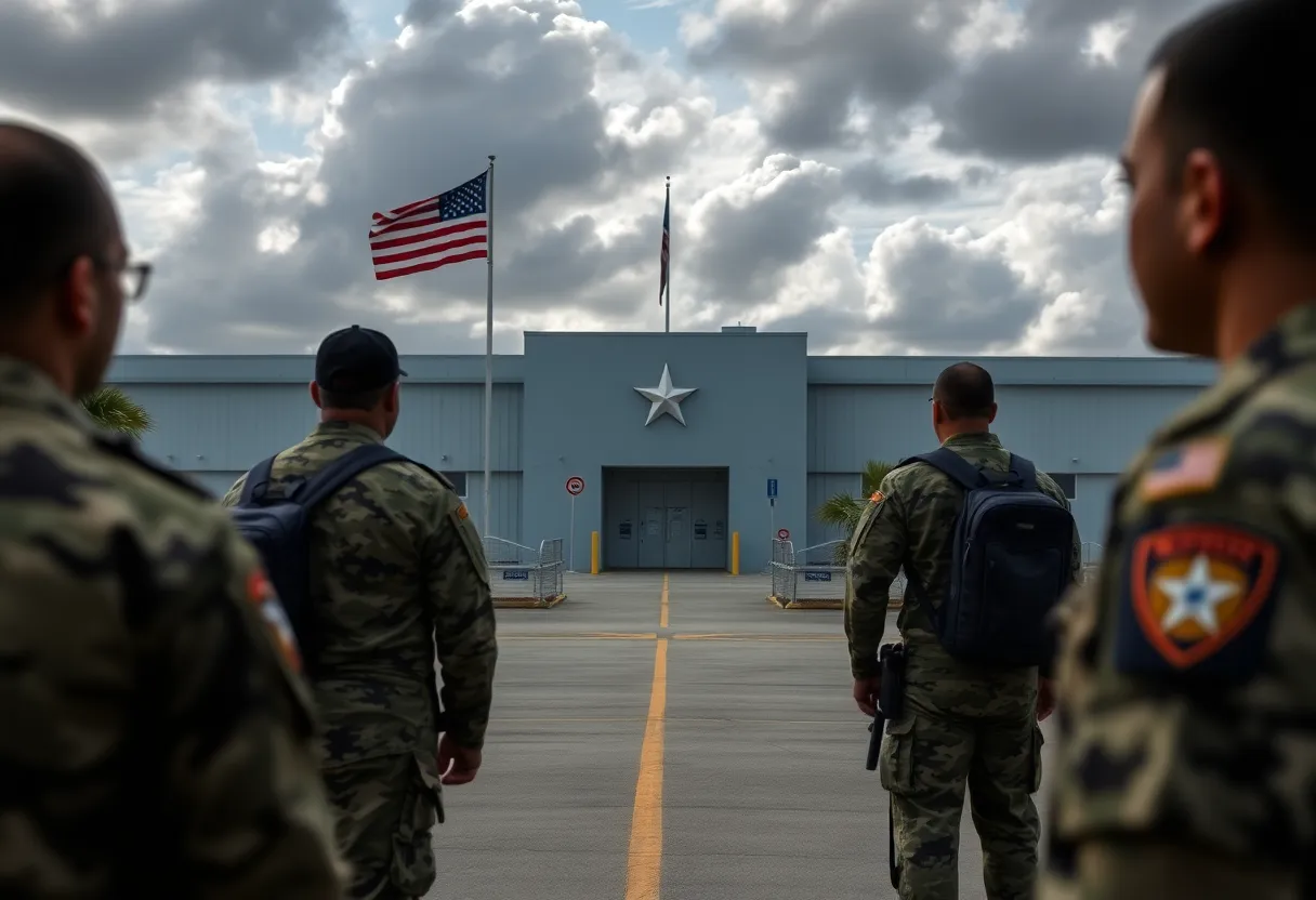 Illustration of military identification cards with a backdrop of the Navy base in Jacksonville.