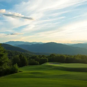 A scenic view of a North Carolina golf course with mountains