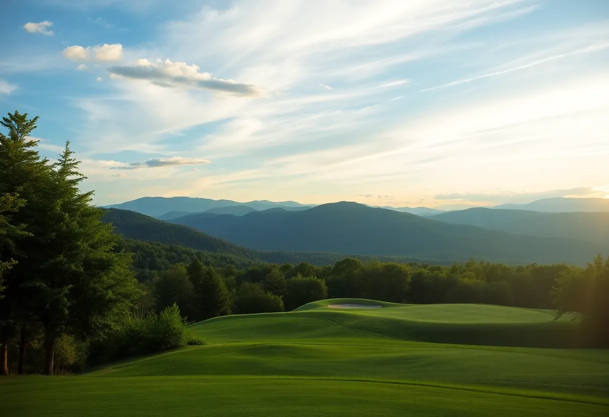 A scenic view of a North Carolina golf course with mountains