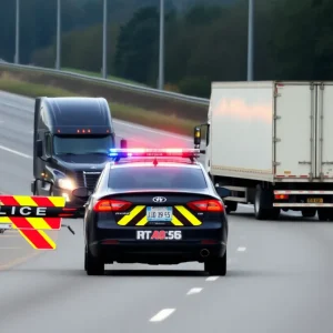 Scene of a highway incident involving police and a semi-truck.