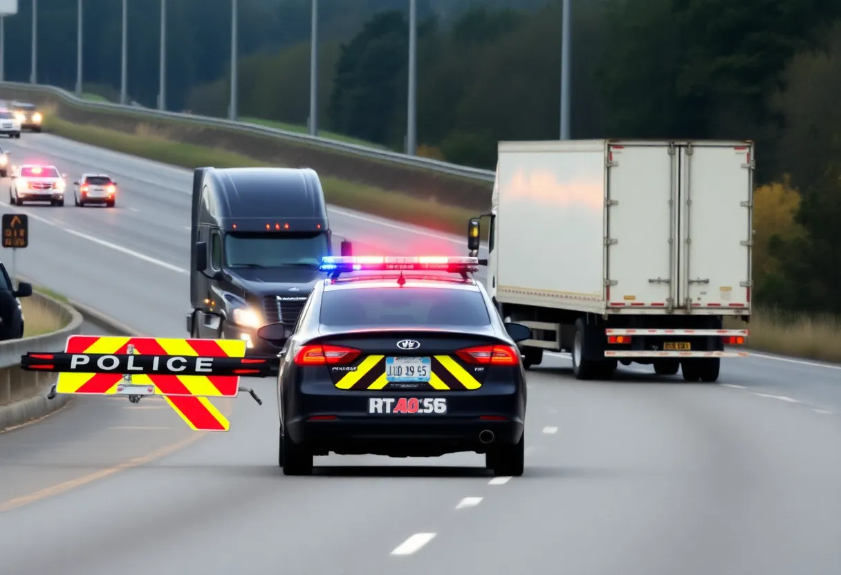 Scene of a highway incident involving police and a semi-truck.