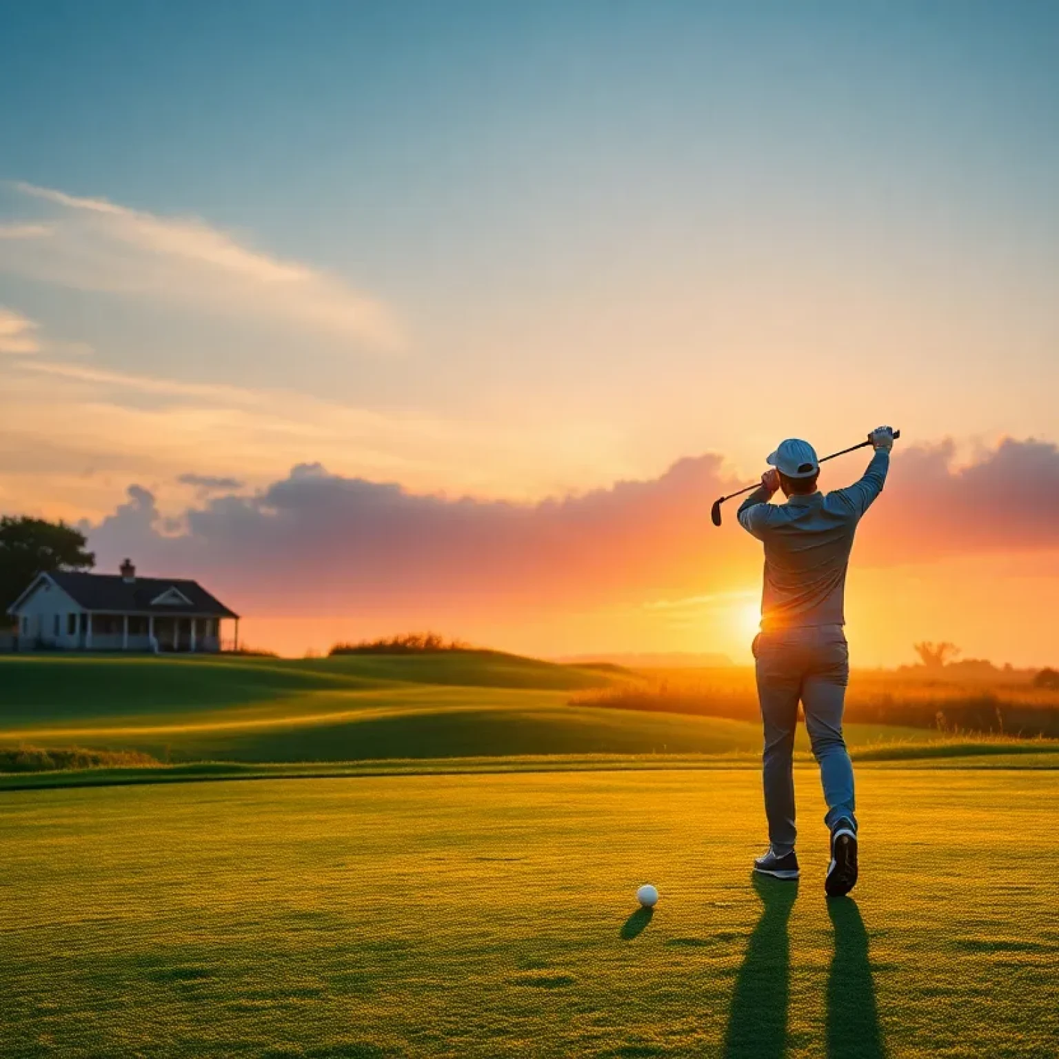 A stunning sunrise on a golf course with a golfer in the foreground preparing to tee off.