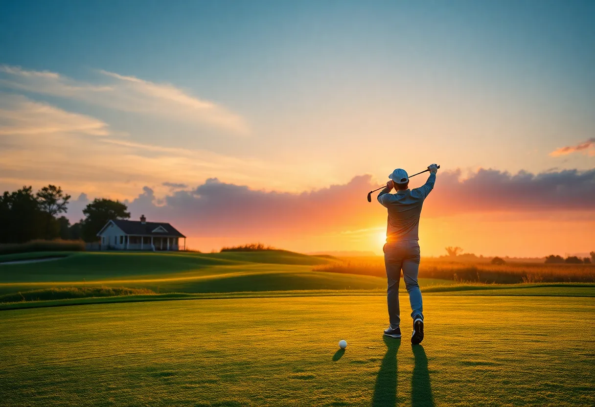 A stunning sunrise on a golf course with a golfer in the foreground preparing to tee off.