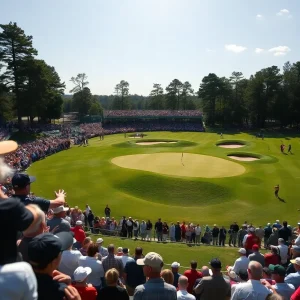A scenic view of a renowned golf course with the sun rising.