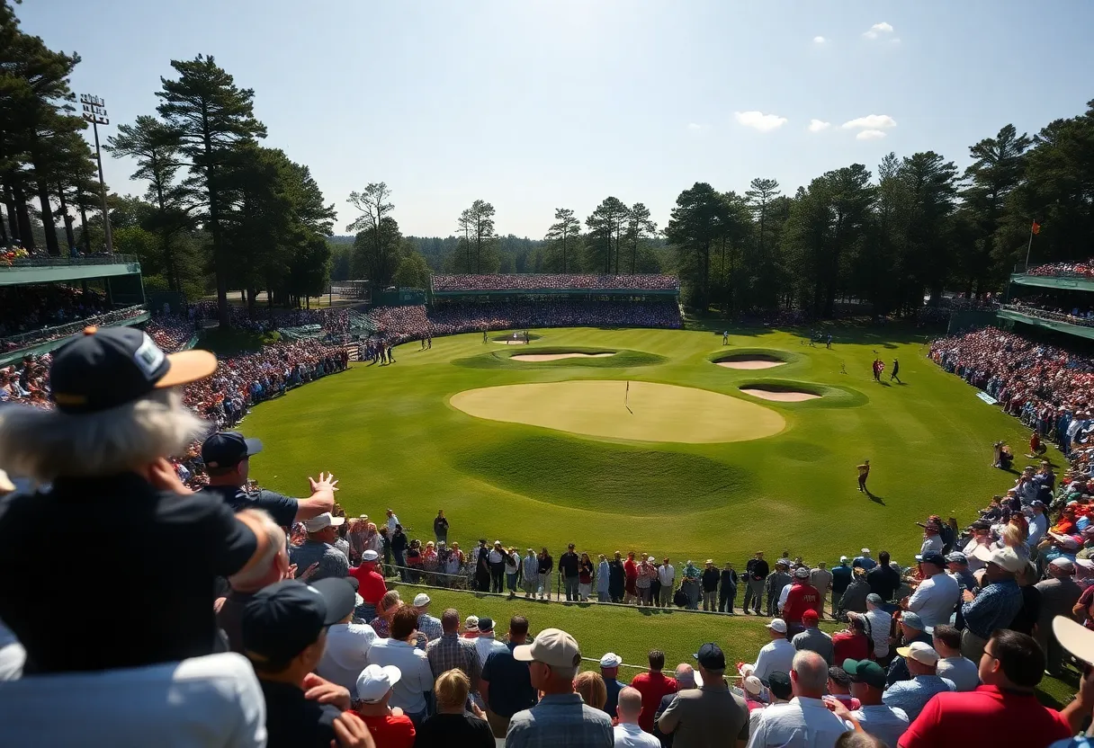 A scenic view of a renowned golf course with the sun rising.