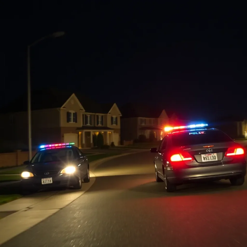 Police chase scene in a suburban neighborhood at night
