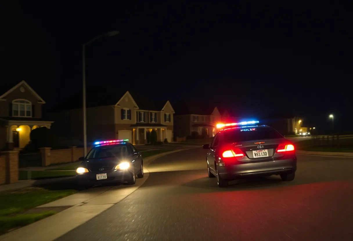 Police chase scene in a suburban neighborhood at night