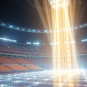 Demonstration of innovative power beaming technology at a stadium.