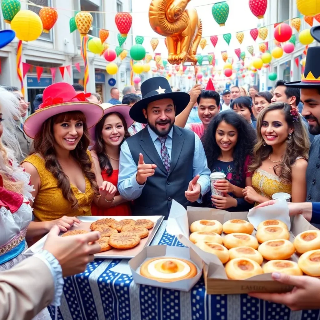 Purim celebration with joyful participants in traditional costumes and colorful decorations in Jacksonville.