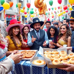 Purim celebration with joyful participants in traditional costumes and colorful decorations in Jacksonville.