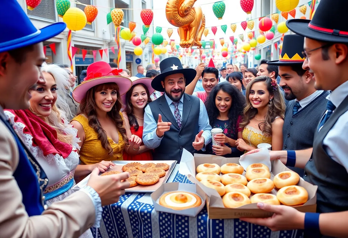 Purim celebration with joyful participants in traditional costumes and colorful decorations in Jacksonville.