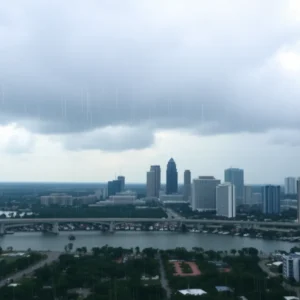 A skyline view of Jacksonville with rain clouds
