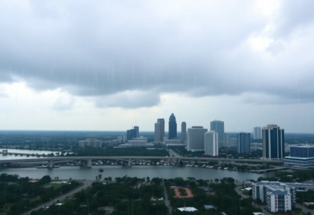 A skyline view of Jacksonville with rain clouds