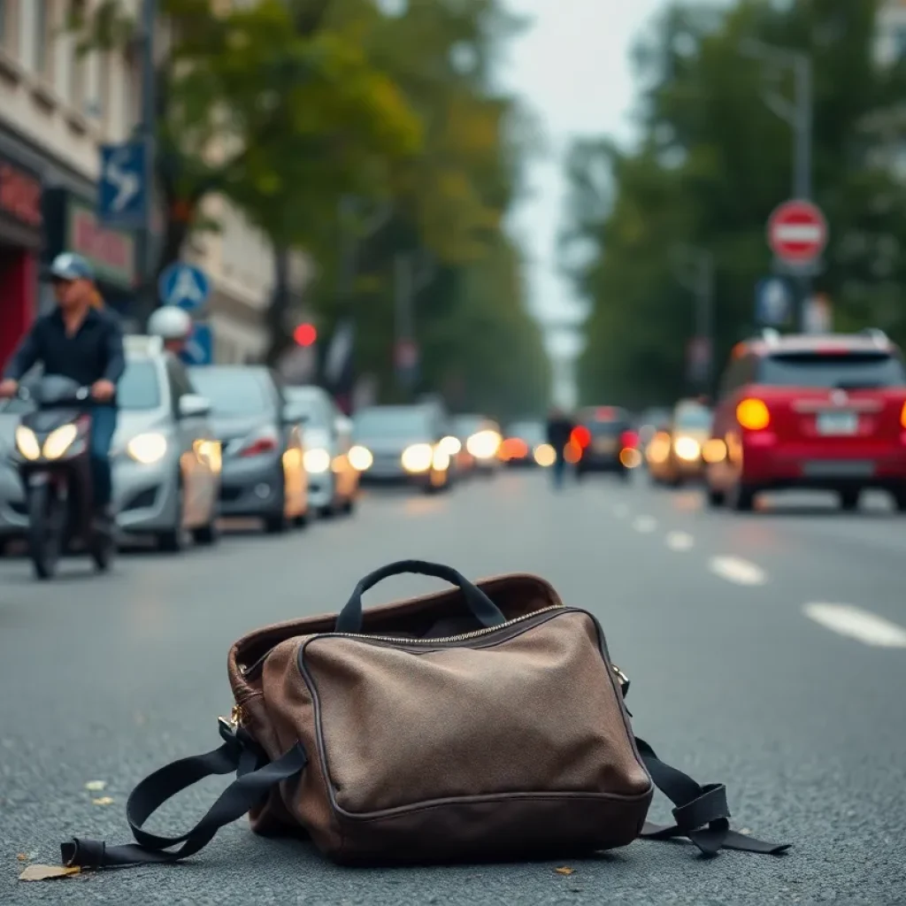 Backpack left on a street symbolizing loss