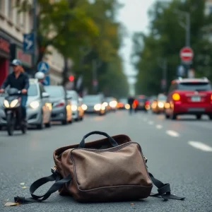 Backpack left on a street symbolizing loss