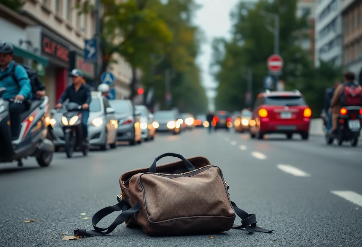 Backpack left on a street symbolizing loss