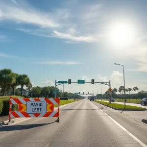 Temporary road closure sign on Sanctuary Parkway, Jacksonville Beach.
