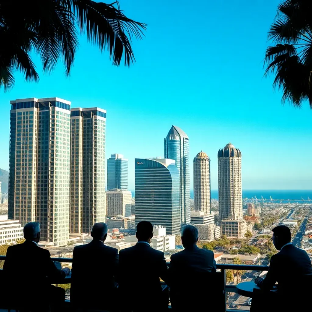 Santa Monica skyline with business buildings representing corporate activities.