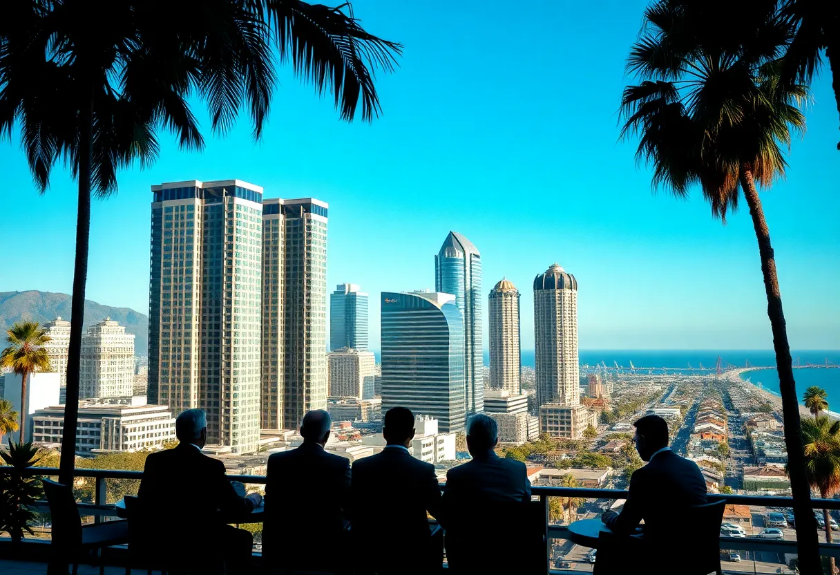 Santa Monica skyline with business buildings representing corporate activities.