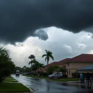 Dramatic storm clouds over a Florida neighborhood during severe weather.