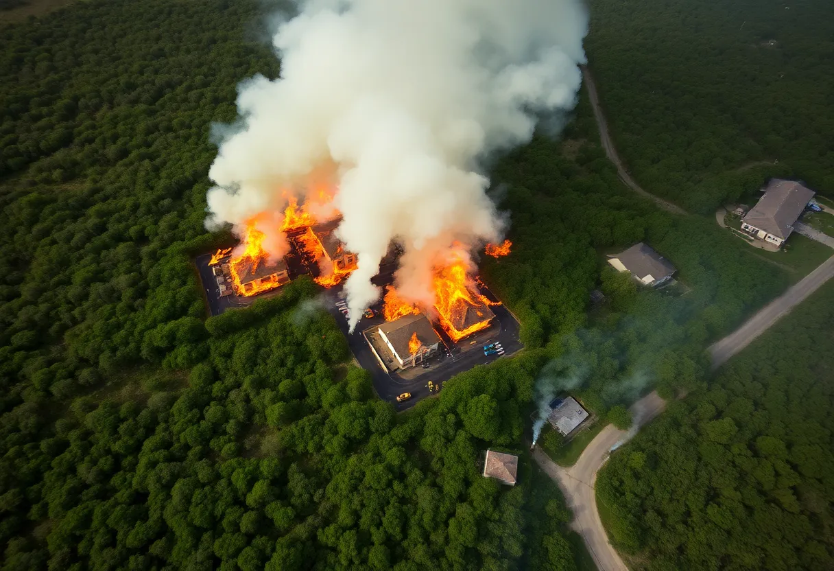 Aerial view of a massive brush fire in South Miami-Dade, showing flames and smoke.