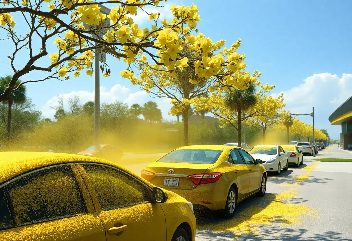 Jacksonville during springtime with pollen covering cars and blooming flowers.