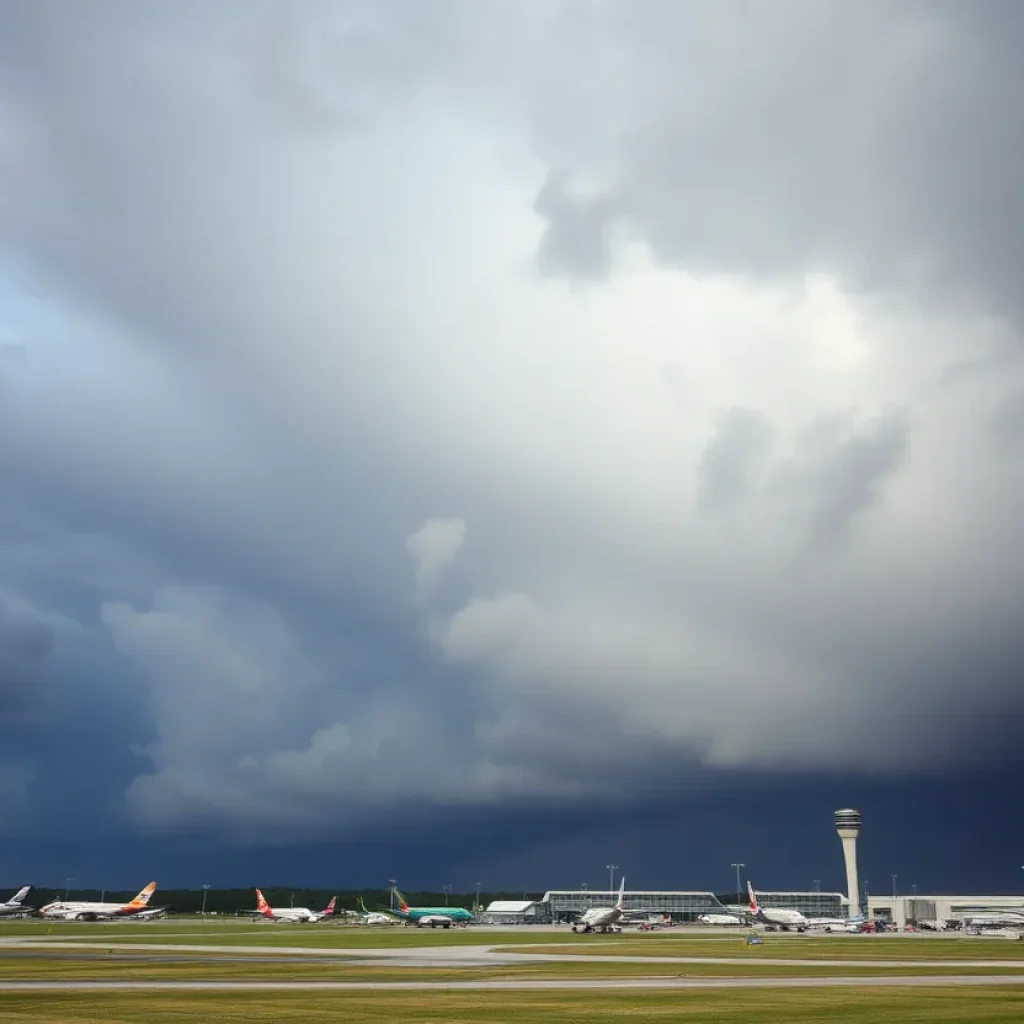 Dark storm clouds above Jacksonville International Airport during severe weather.