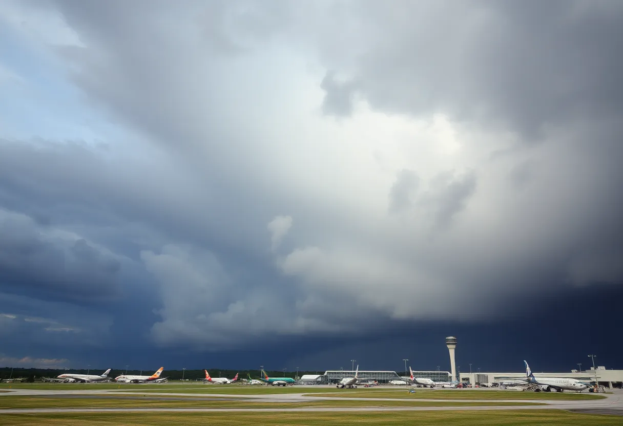 Dark storm clouds above Jacksonville International Airport during severe weather.