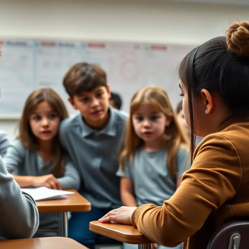 Concerned students in a classroom after a shocking incident.