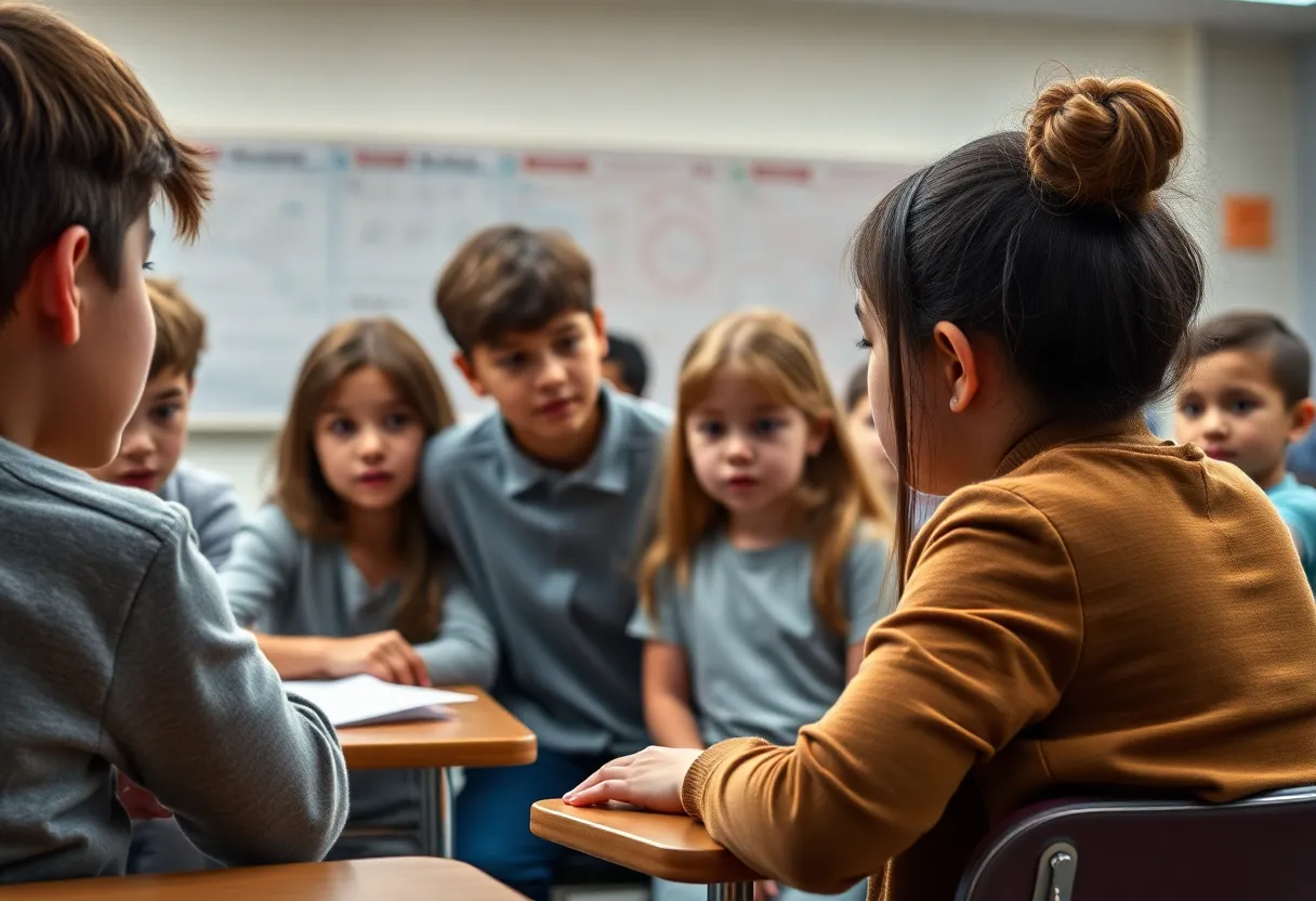 Concerned students in a classroom after a shocking incident.