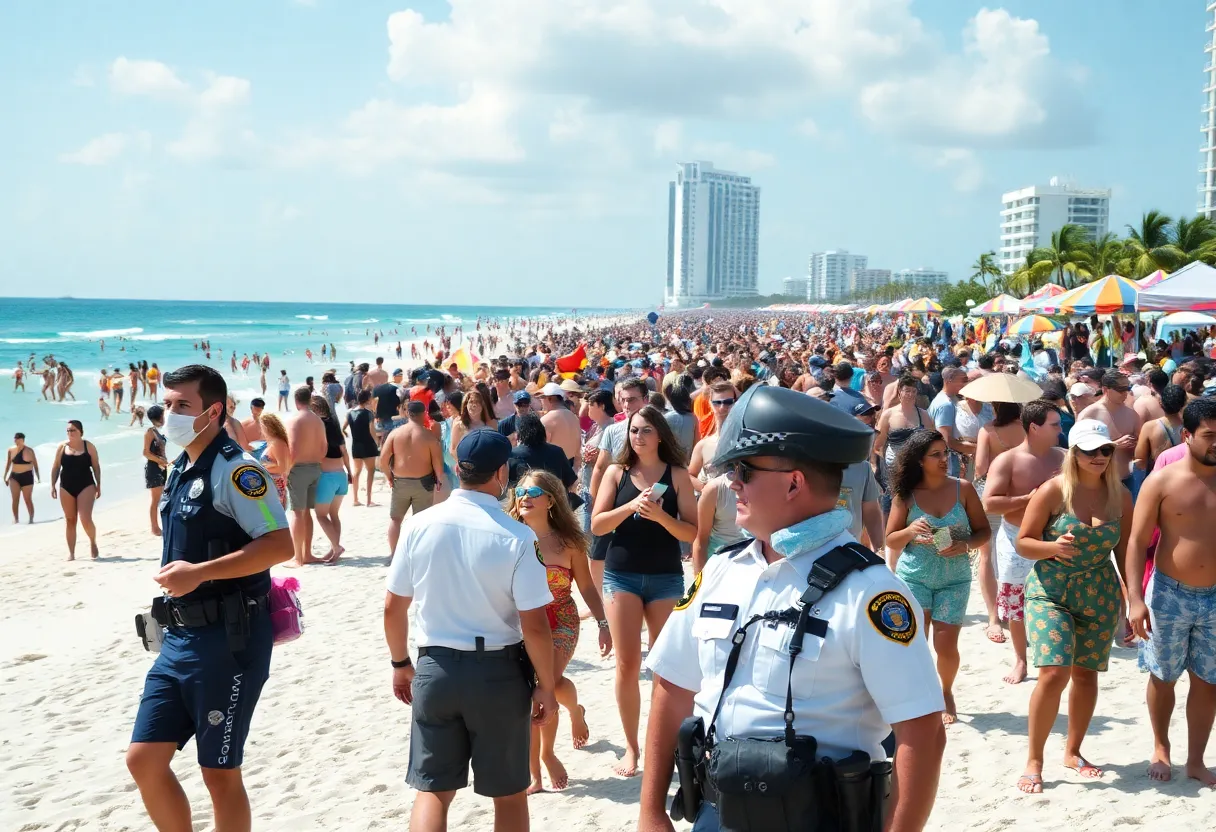 Large crowd enjoying sunny weather at the beach with police presence.